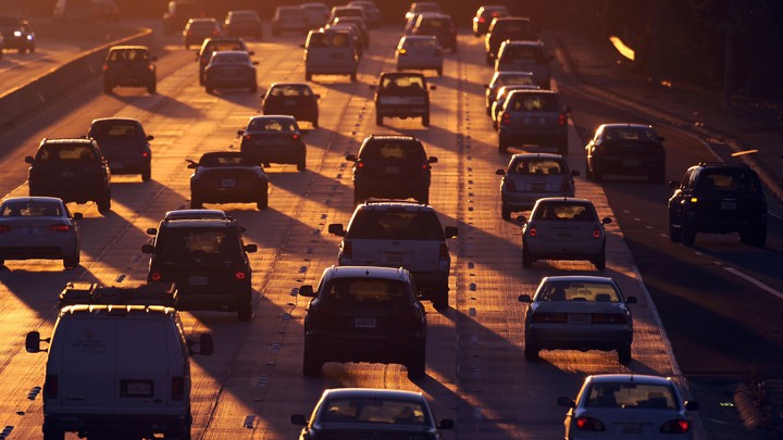 People drive on Highway 134 (Ventura Freeway) at the end of the evening rush hour in Glendale, California.
