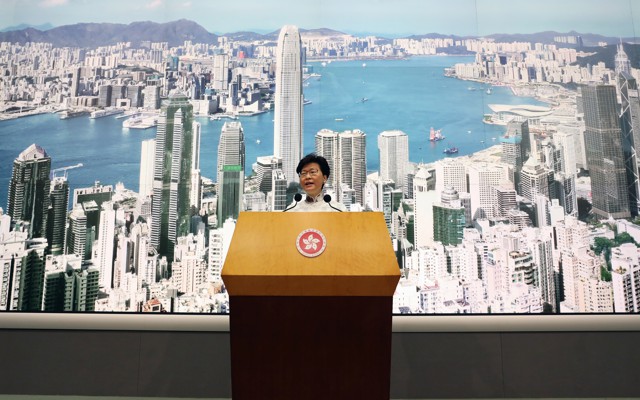 Hong Kong Chief Executive Carrie Lam speaks to journalists in Hong Kong.