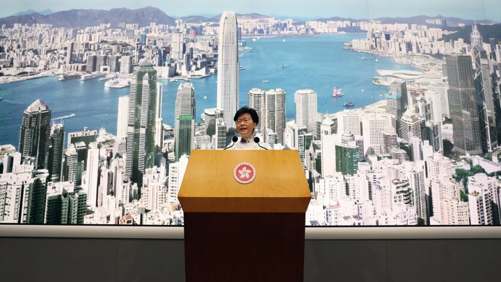 Hong Kong Chief Executive Carrie Lam speaks to journalists in Hong Kong.