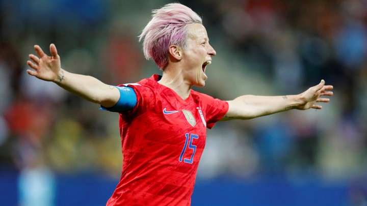 Megan Rapinoe celebrates scoring the ninth goal for the U.S. during a World Cup game.