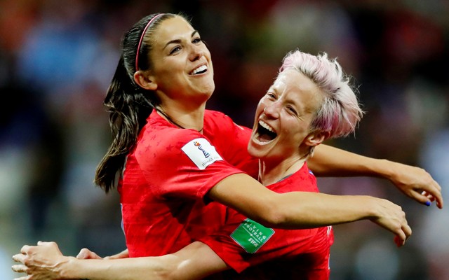 Alex Morgan (<i>left</i>) and Megan Rapinoe celebrate a goal during the World Cup match on Tuesday.