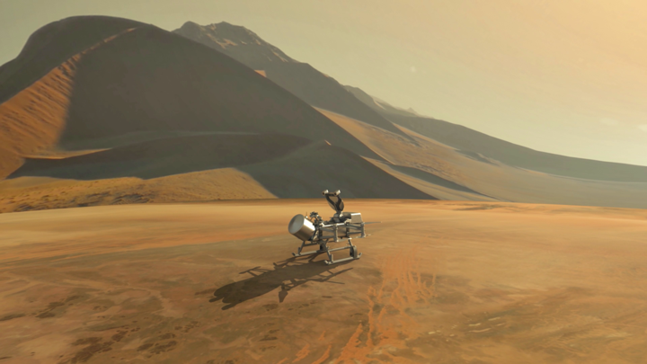 An artist's impression of the Dragonfly spacecraft on Titan
