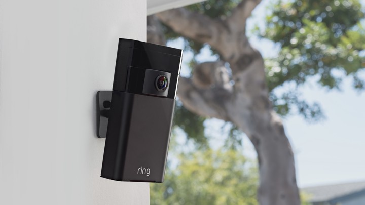 An Amazon Ring camera mounted on an outdoor wall