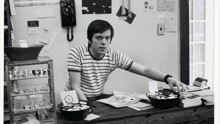 Craig Rodwell behind the counter at the Oscar Wilde Memorial Bookshop