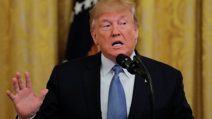 President Trump speaks at the White House on July 8 to defend his administration’s environmental record.