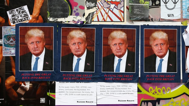 Doris Borump, an artwork that combines the faces of Donald Trump and Boris Johnson, is displayed.