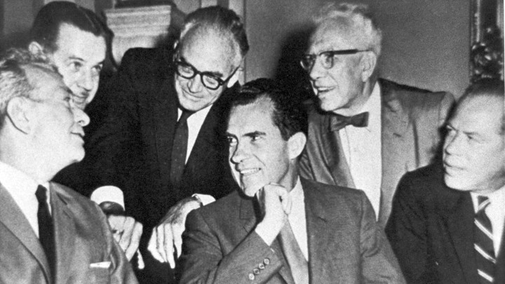 Republican leaders in 1960: Senators Everett Dirksen, Hugh Scott, Barry Goldwater, George Aiken, and Thomas Kuchel, with Vice President Richard Nixon