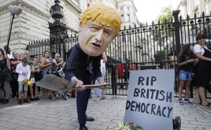 Protester in Boris Johnson mask