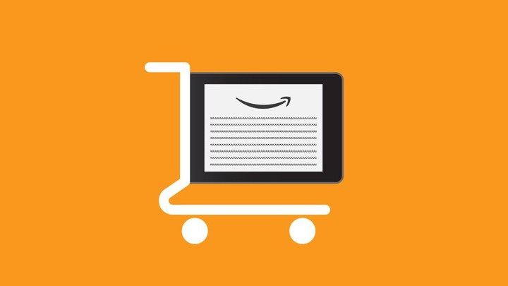 A digital image of a shopping cart with an Amazon Kindle instead of a basket