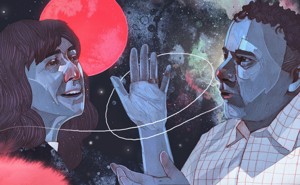 An illustration of a man and woman debating, with space in the background