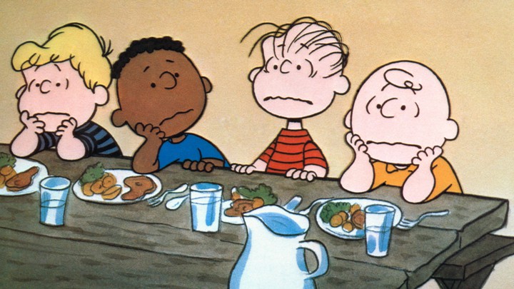 Schroeder, Franklin, Linus, and Charlie Brown look discouraged.