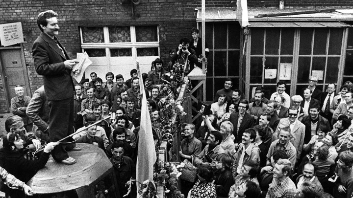 Lech Walesa addresses striking shipyard workers in August 1980 in Gdansk.