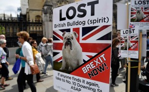 People walk past pro-Brexit placards in central London.