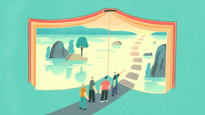 An illustration of a group of men walking onto a path leading into an open book.
