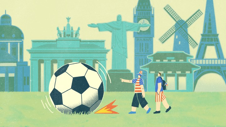 An illustration of two friends and a soccer ball.