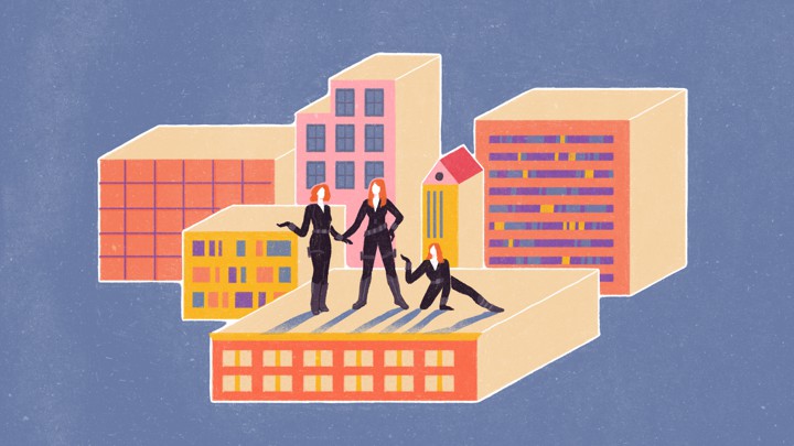 An illustration of three women dressed as Black Widow from the Avengers, on top of a building.
