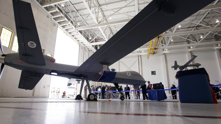 An MQ-9 Predator B drone in a hangar
