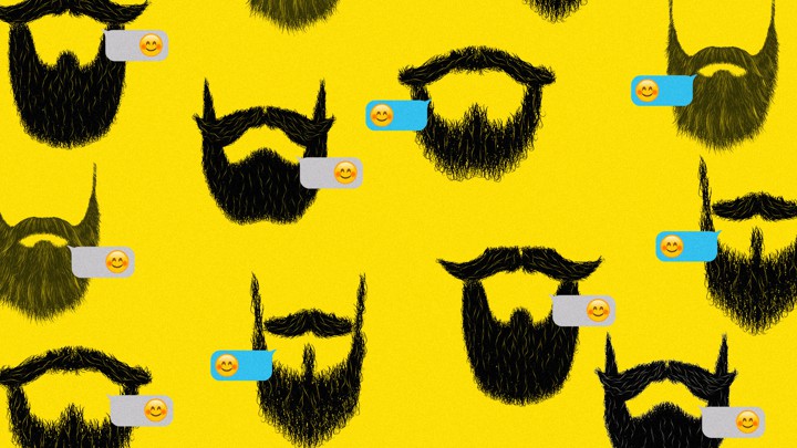 Illustrated beards and smiley-face emoji on a yellow background