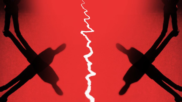 silhouettes of two men with a jagged line down the middle