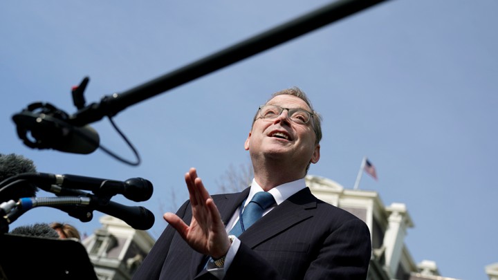 Former Council of Economic Advisers Chairman Kevin Hassett speaks to reporters at the White House.