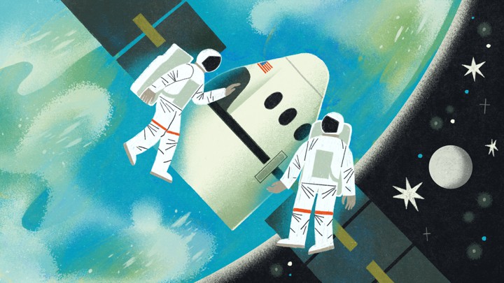 An illustration of two astronauts in space.