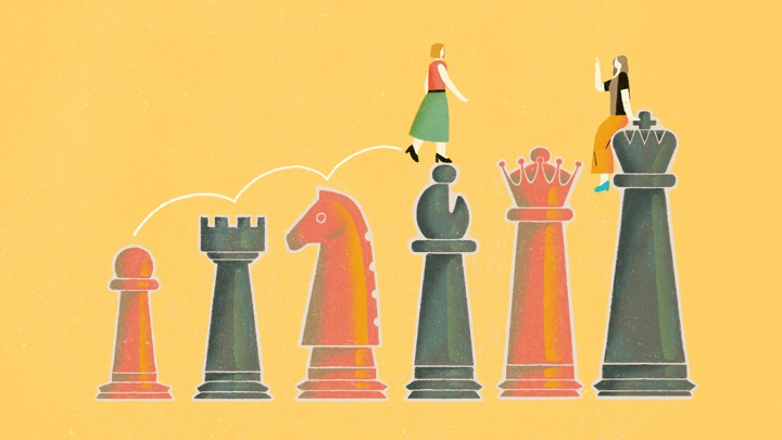 An illustration of two women hopping on top of chess pieces.