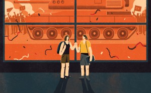 An illustration of two friends holding hands while a military tank drives by the window.