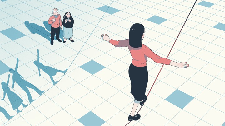 An illustration of two parents watching their daughter walk across a tightrope.