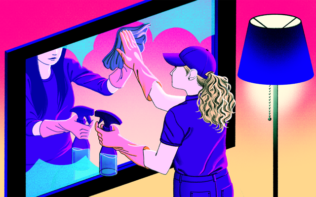 An illustration of two women cleaning a mirror.