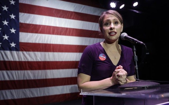 Katie Hill speaks to supporters during an election watch party