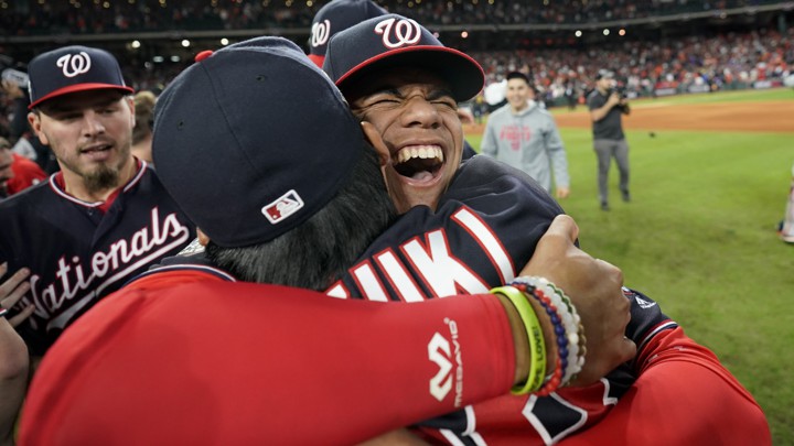 Washington Nationals team members hugging