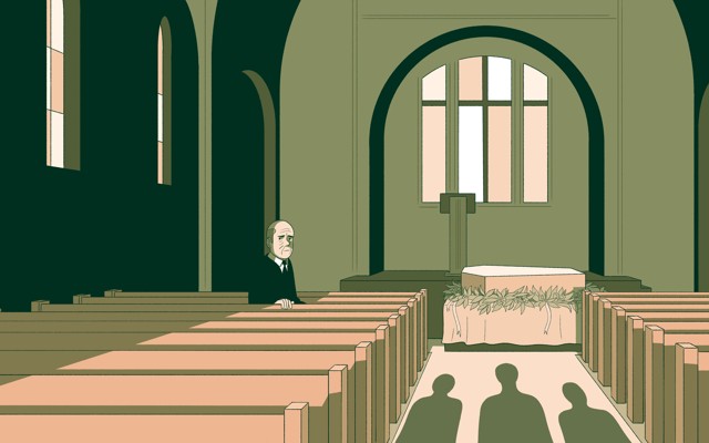 An illustration of a man sitting in a church at a funeral, looking back at three figures entering.