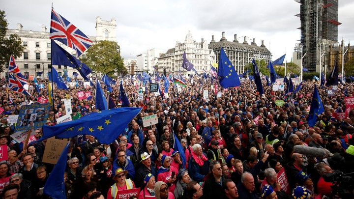 Anti-Brexit demonstrators attend a rally in central London.