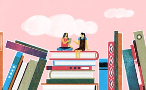 An illustration of two girls sitting on top of a giant stack of books.