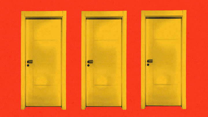 Three doors opening and closing, with the middle one depicting a missile