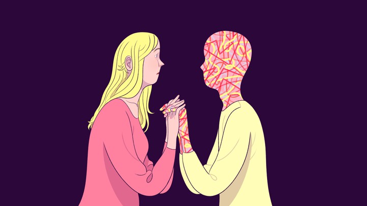 Girl holding hands with man made of scribble lines