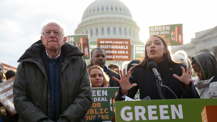 Senator Bernie Sanders and Representative Alexandria Ocasio-Cortez speak outside the United States Capitol