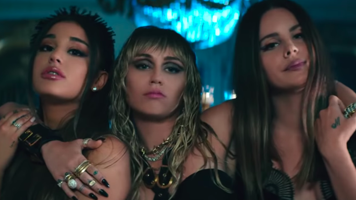 Ariana Grande, Miley Cyrus, and Lana Del Rey in the video for "Don't Call Me Angel"