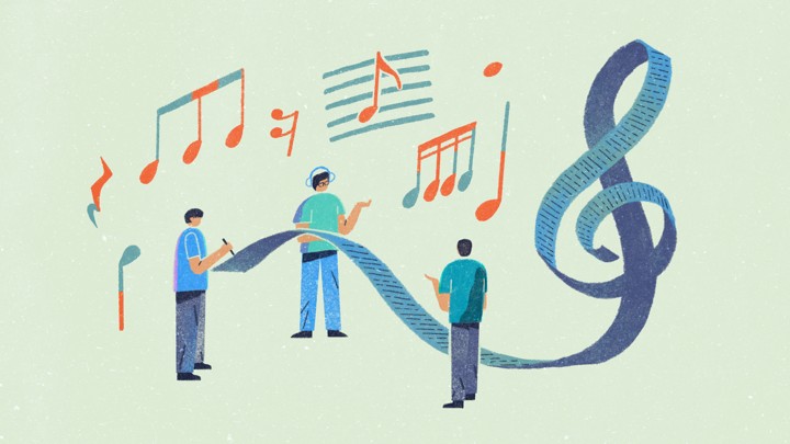 An illustration of three friends creating a long playlist