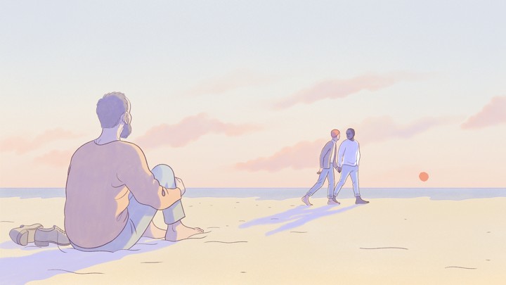 An illustration of a man wistfully looking at a gay couple in the distance.