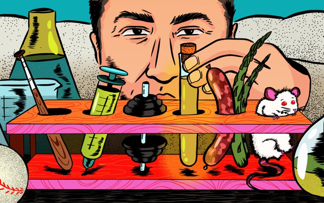 An illustration of a scientist looking at a test tube rack filled with miscellaneous items.