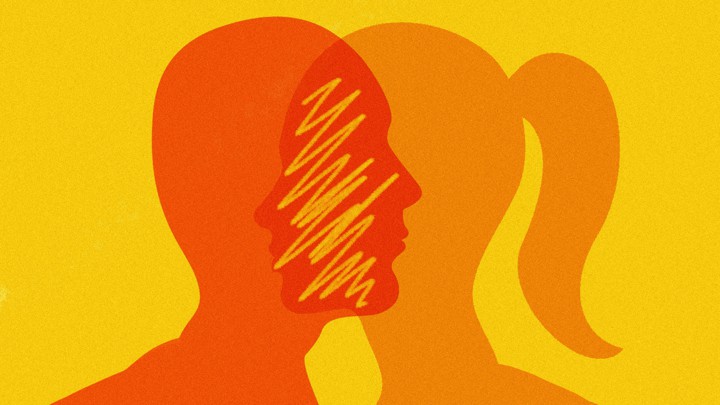 Silhouettes of a man and a woman merge.
