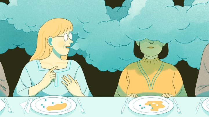 An illustration of a woman whose head is covered in fog, trying not to engage with the woman sitting next to her.