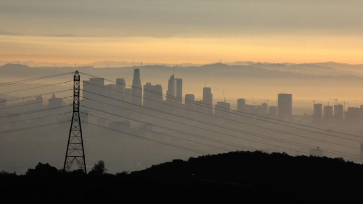 Part of the Los Angeles skyline at sunrise