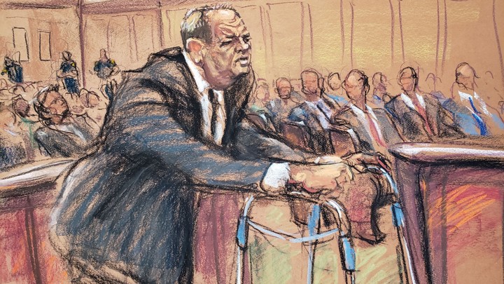 Drawing of Harvey Weinstein in court.