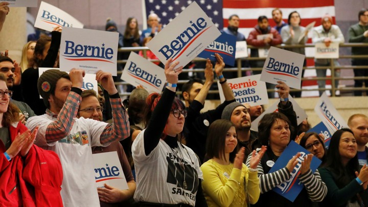 Bernie Sanders supporters at an event in Des Moines, Iowa