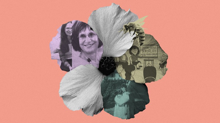A collage of flower petals, photos of Deborah Roffman, and a sex education cartoon
