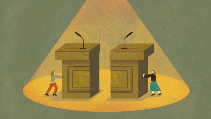 An illustration of two women pushing two halves of a podium together.