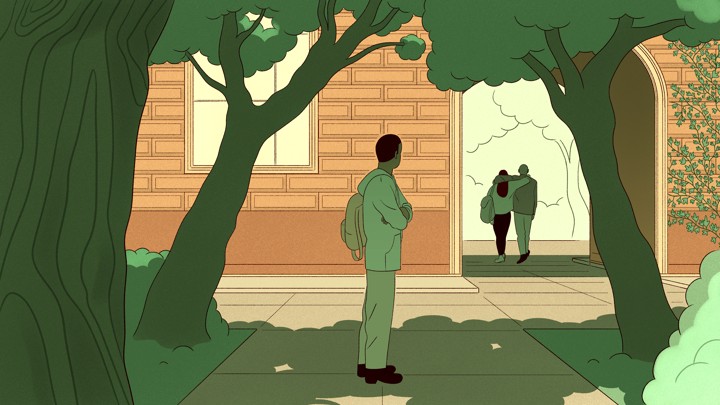 An illustration of a boy watching a couple from the distance.