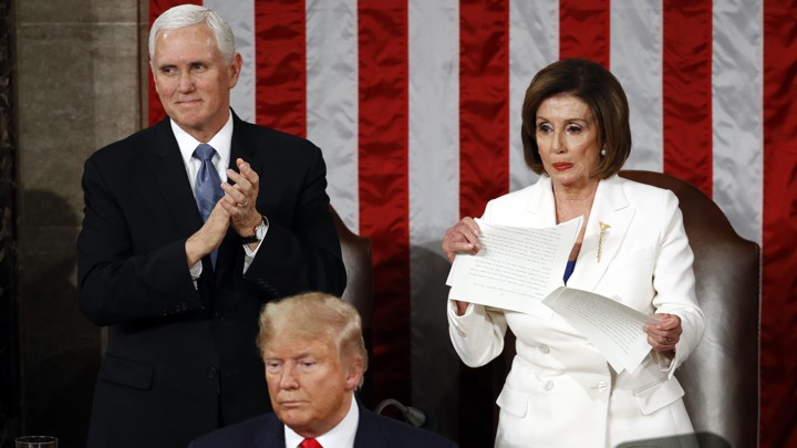 Nancy Pelosi ripping President Trump's speech in half during the State of the Union address.